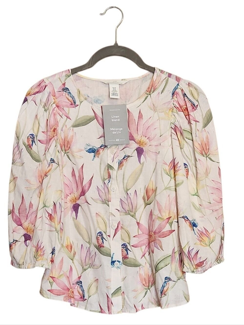 NWT LINEN BLEND FLORAL HUMMINGBIRD BLOUSE TOP PUFF SLEEVE XS